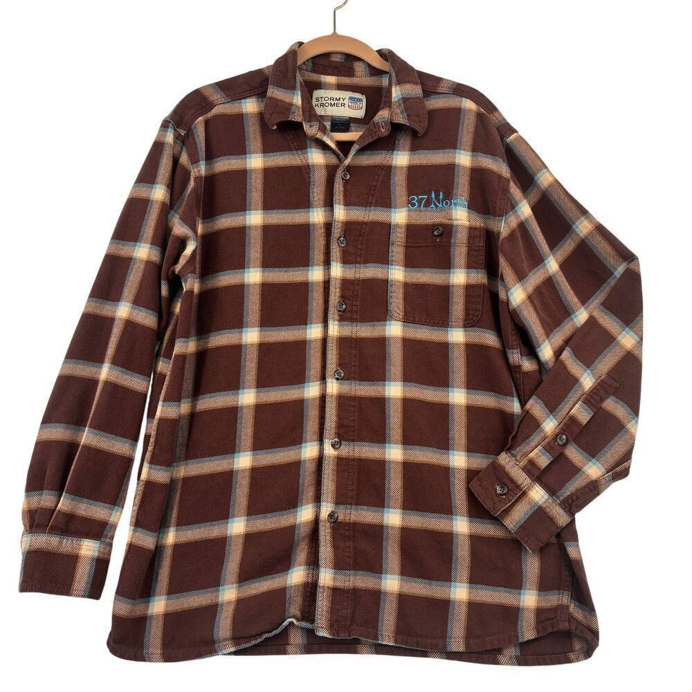 Stormy Kromer‎ Flannel Shirt Mens Size L Brown Blue Plaid Cotton 37 North Logo